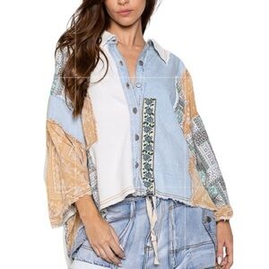 POL Boho Mixed Print Patchwork Denim Button-Up Shirt L
